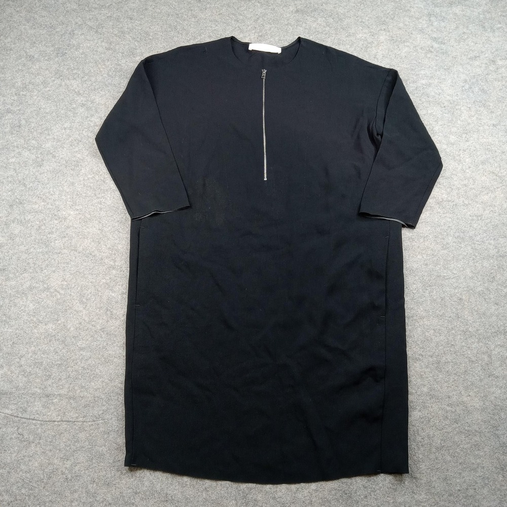 Everlane Dress Womens 00 Black Zip Front 3/4 Sleeve Triacetate Shift Midi